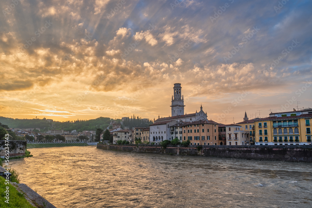 Verona Italy, sunrise city skyline at Adige river and Verona Cathedral