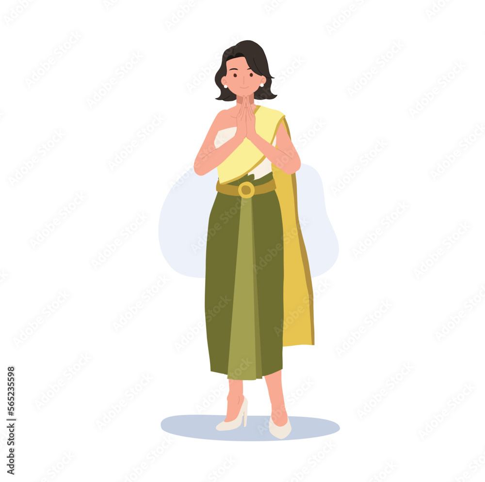 thai woman in Thai traditional costume, say hello Sawasdee. Thai people greeting thai woman in Thai traditional costume, say hello Sawasdee. Thai people greeting