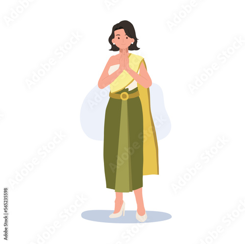 thai woman in Thai traditional costume  say hello Sawasdee. Thai people greeting  Sawasdee . Flat vector illustration