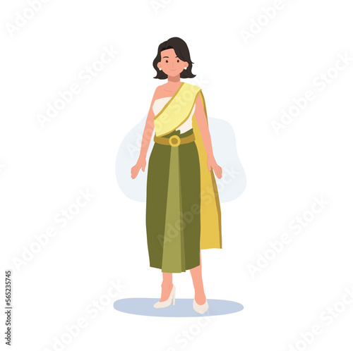Woman in Thai traditional clothes. Traditional southeast asian costume, Thailand. Flat vector illustration