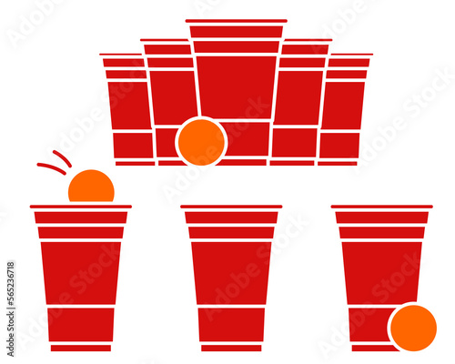 Red beer pong illustration. Plastic cup and ball with splashing beer. Traditional party drinking game. Vector