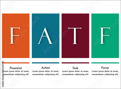 FATF - Financial Action Task Force Acronym. Infographic template with icons and description placeholder photo