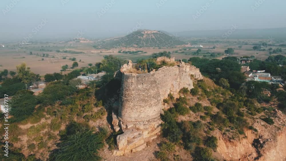 Aerial drone view of an abnadoned and ruined Jat Fort in Gwalior , Madhya Pradesh
