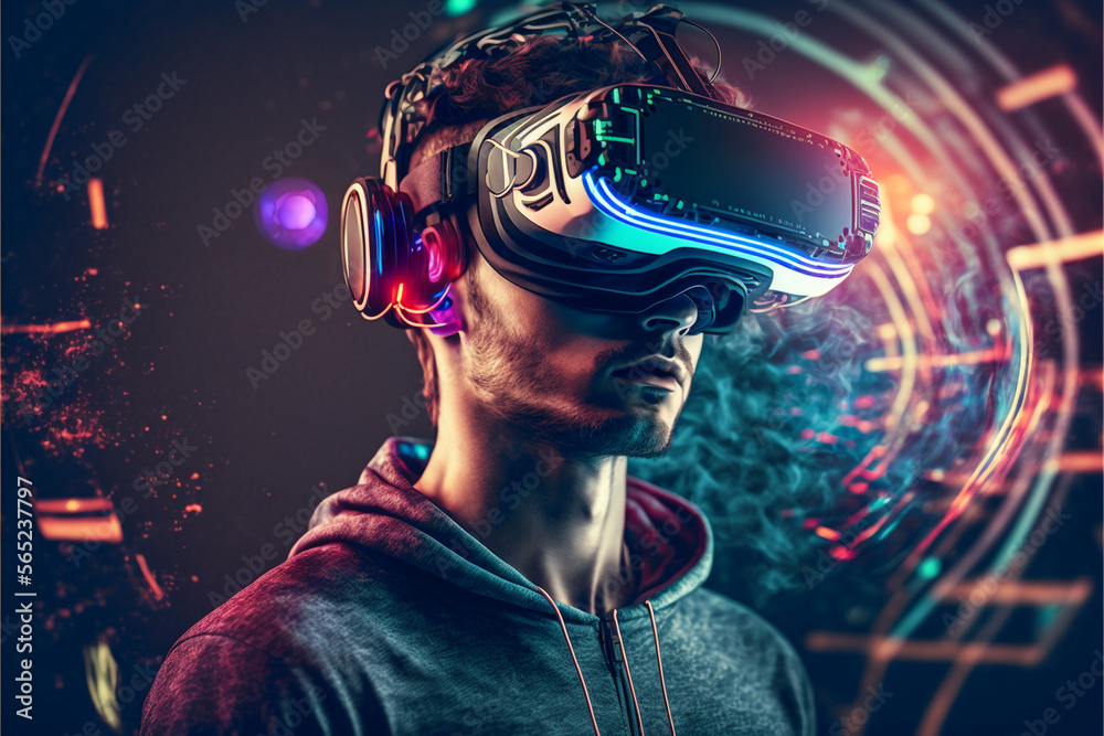 Young man using virtual reality headset. VR, future, gadgets, technology concept. Generative AI Young man using virtual reality headset. VR, future, gadgets, technology concept. Generative AI