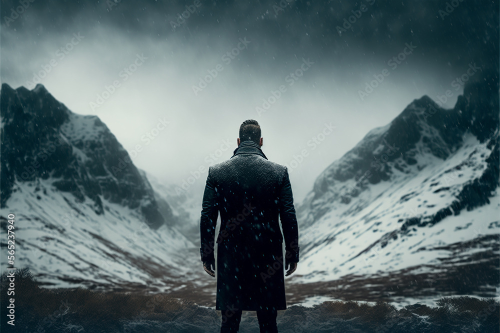 brave businessman an epic ivernal mountain, snow rain, tunders, adverse weather. Generative AI brave businessman an epic ivernal mountain, snow rain, tunders, adverse weather. Generative AI