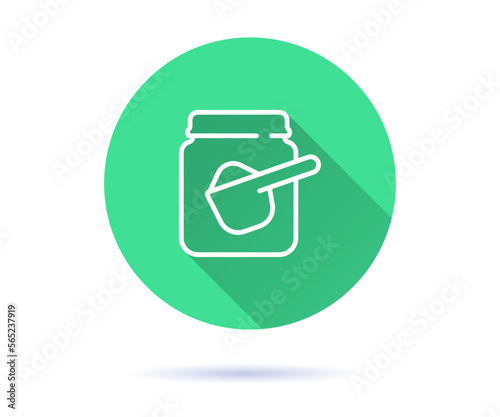 Jar with spoon for baby food icon with long shadow for graphic and web design.