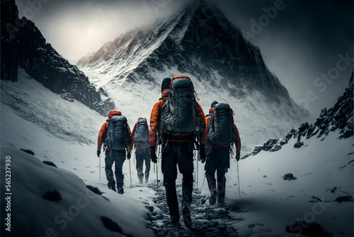 brave mens climbing an epic ivernal mountain, snow rain, tunders, adverse weather. Generative AI