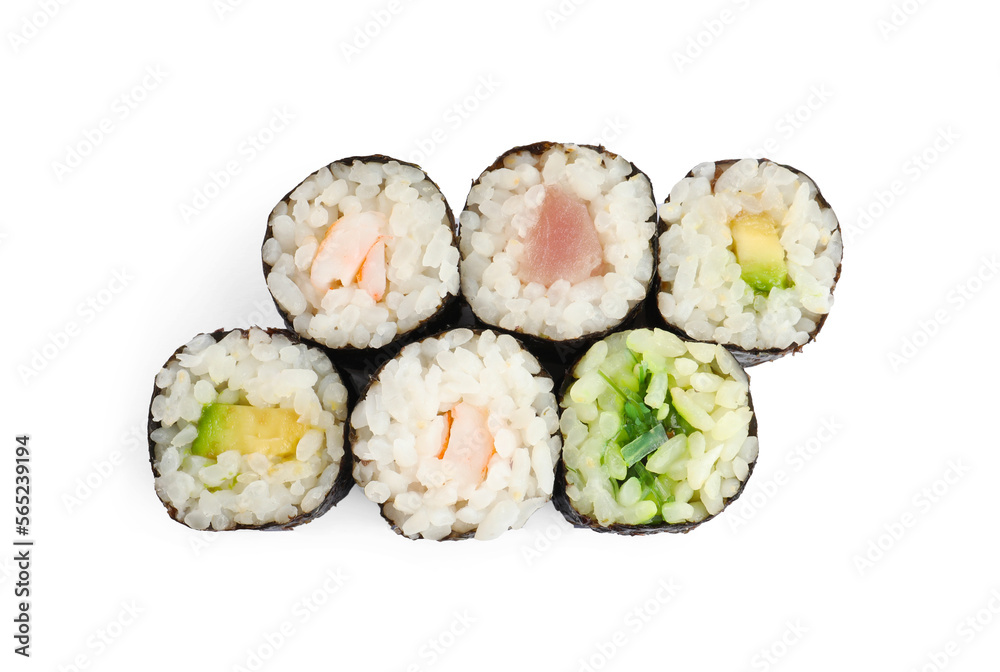 Delicious sushi rolls on white background, top view Delicious sushi rolls on white background, top view