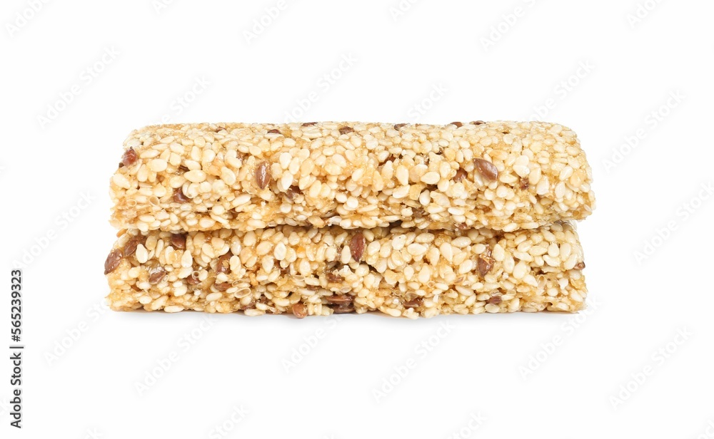 Tasty sesame seed bars isolated on white Tasty sesame seed bars isolated on white
