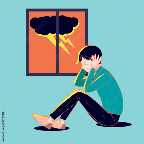 Big isolated young man suffering from the fear of thunderstorm. Cartoon illustration vector with dark background