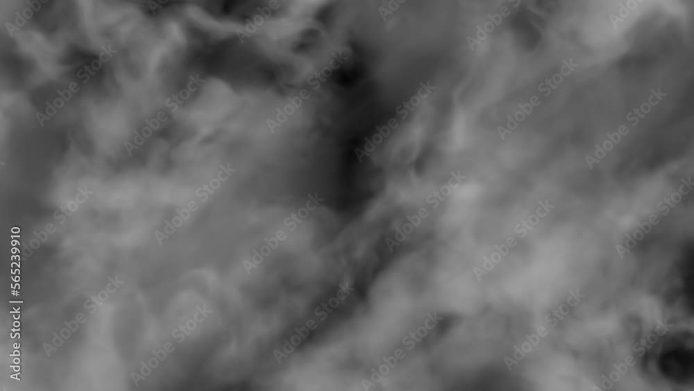 Flying through clouds toward black background. Digital animation and 3D motion graphic concept