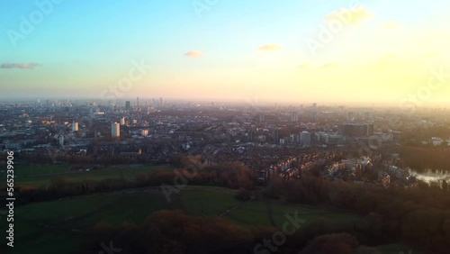 Aerial view of sunset over Hampstead Heath Park in North London, UK photo