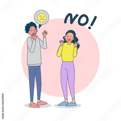 Disagreement in relationship. Woman angry at young man, couple quarreling, family conflict,  vector Illustration on a light background