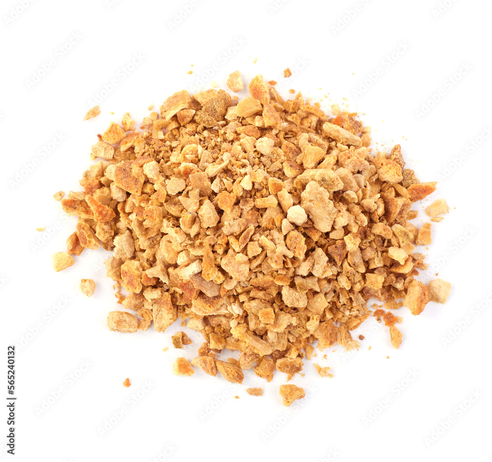 Pile of dried orange zest seasoning isolated on white, top view Pile of dried orange zest seasoning isolated on white, top view