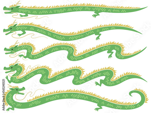 緑色の細長い龍のイラストセット