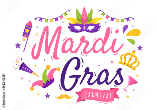 Mardi Gras Carnival Party Illustration with Mask, Feathers and Item Festival for Web Banner or Landing Page in Flat Cartoon Hand Drawn Templates