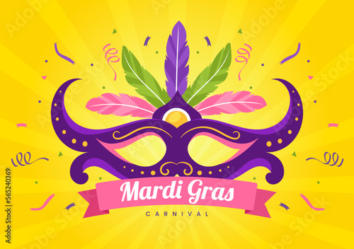 Mardi Gras Carnival Party Illustration with Mask, Feathers and Item Festival for Web Banner or Landing Page in Flat Cartoon Hand Drawn Templates