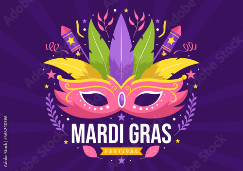 Mardi Gras Carnival Party Illustration with Mask, Feathers and Item Festival for Web Banner or Landing Page in Flat Cartoon Hand Drawn Templates