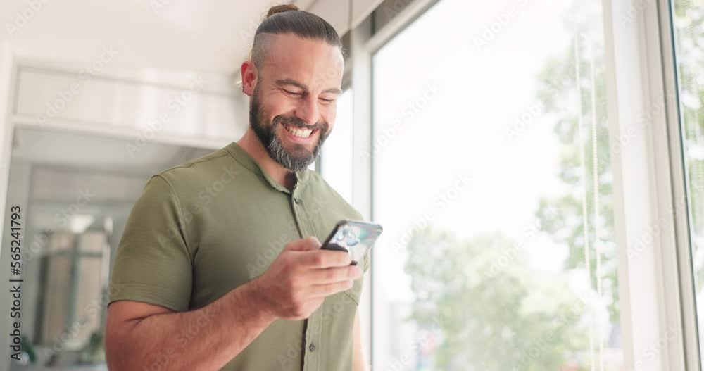 Happy, man and walking with phone in office for social media break at casual startup business. Happiness, laugh and smile of guy online for funny streaming, meme or message from contact.