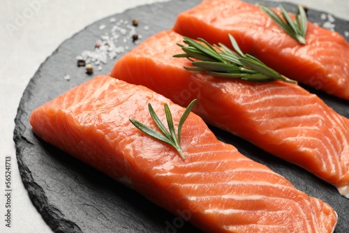 Fresh raw salmon and ingredients for marinade on grey, closeup