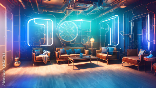 a steampunk living room with pale blue neon light