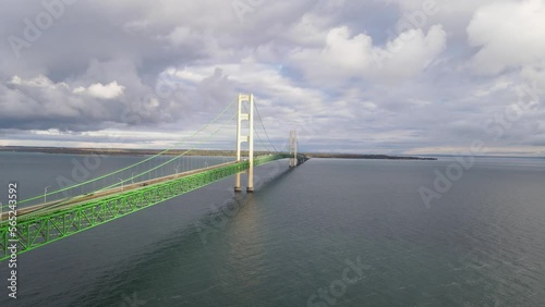 Close aerial forwarding drone shot of the Mighty Mac, Mackinaw, Bridge, partly cloudy day above the water photo