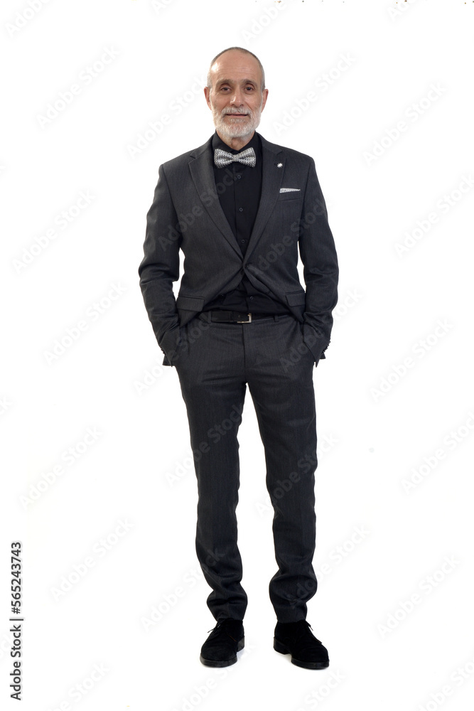 front view of a man standing with suit and bow tie looking at camera and two hand on pocket on white background front view of a man standing with suit and bow tie looking at camera and two hand on pocket on white background