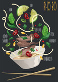 Pho Bo. Vietnamese rice noodle soup. Vector illustration