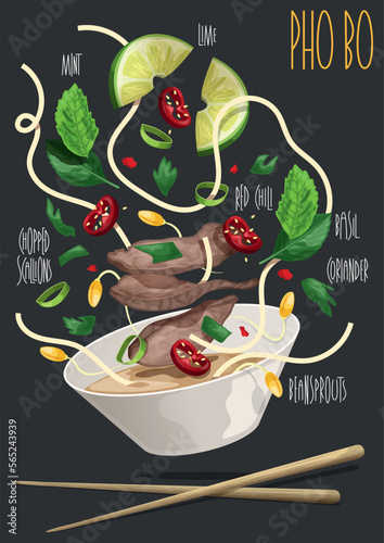 Pho Bo. Vietnamese rice noodle soup. Vector illustration