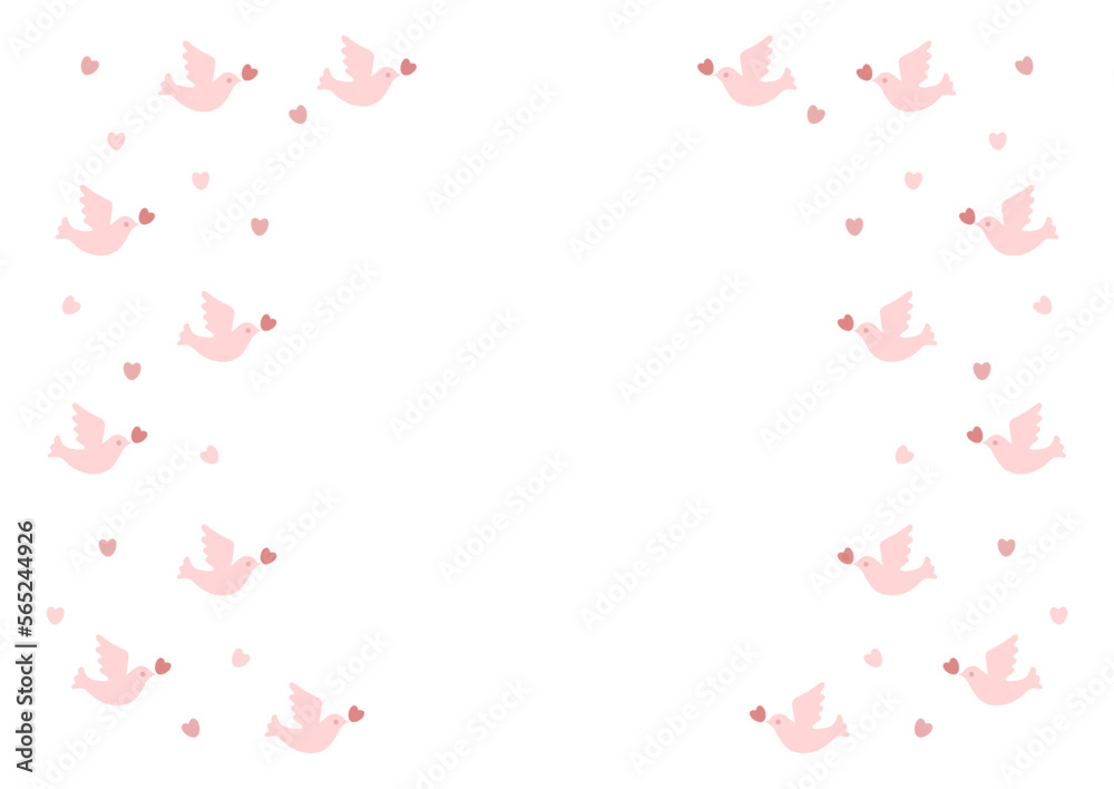 鳩とハート模様のフレームイラスト（ピンク色）