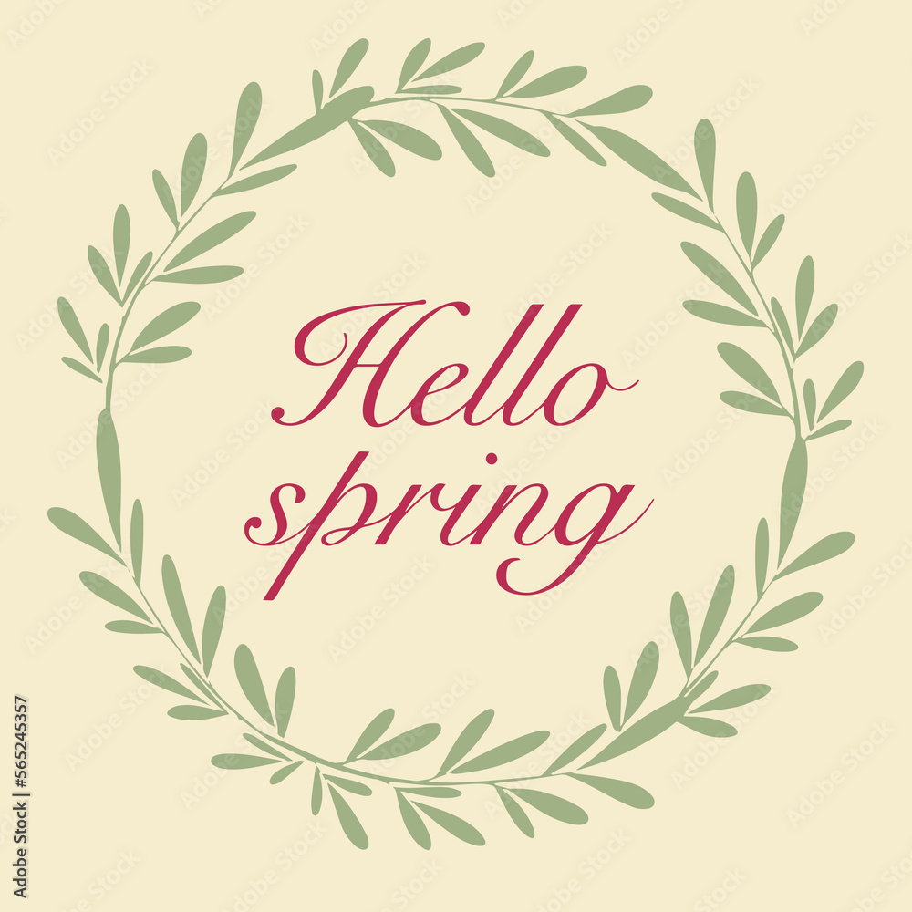Hello spring logo in flat style with flowers, leaves and geometric shapes.