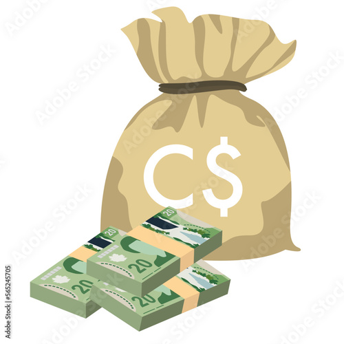Canadian Dollar Vector Illustration. Canada money set bundle banknotes. Money bag 20 CAD. Flat style. Isolated on white background. Simple minimal design.