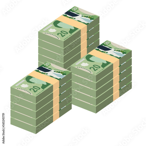 Canadian Dollar Vector Illustration. Canada money set bundle banknotes. Paper money 20 CAD. Flat style. Isolated on white background. Simple minimal design.