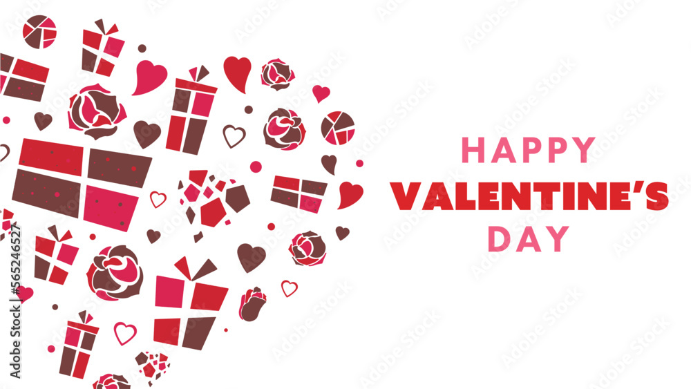 ギフトやバラのアイコンで作られたハート型のハッピーバレンタインデー背景テンプレート（白）　Heart shaped Happy Valentine's Day background template made with gift and rose icons (white)