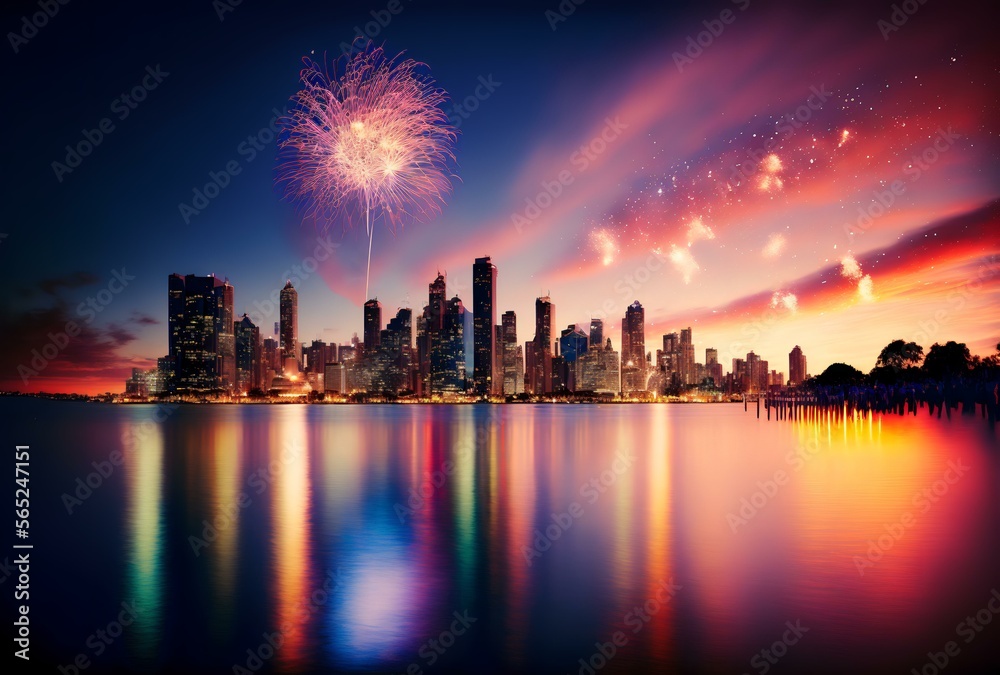 panoramic view of a fireworks display in the sky at twilight, with the city skyline in the background (AI Generated)