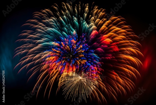 close-up shot of a colourful explosion of fireworks against a dark sky background (AI Generated)