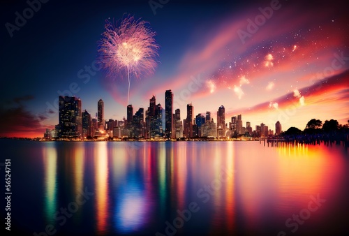 panoramic view of a fireworks display in the sky at twilight, with the city skyline in the background (AI Generated)