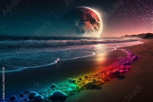 a fantastic rainbow covers the beach. Generative AI 
