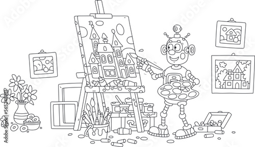Funny toy robot artist painting a beautiful picture with pretty houses of a small town on a canvas and an easel in its art studio  black and white outline vector illustration for a coloring book