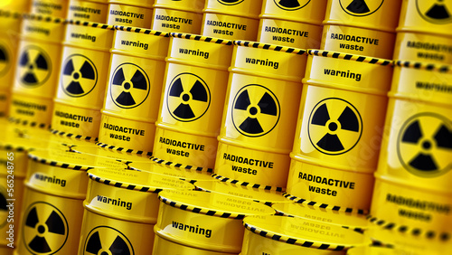 Stack of yellow radioactive barrels with warning signs. 3D illustration photo