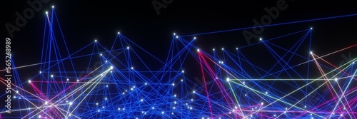 Abstract Digital technology Network glowing dots and lines panorama background 3D rendering