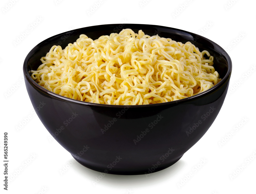 instant noodles with in black bowl isolated on white background with clipping path. Asian and Chinese style fast food concept. instant noodles with in black bowl isolated on white background with clipping path. Asian and Chinese style fast food concept.