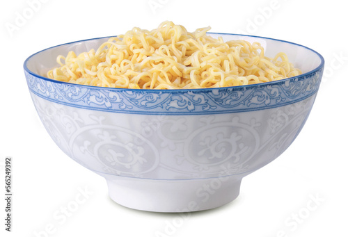Cooked instant noodles with in white  bowl isolated on white background with clipping path. Asian and Chinese style fast food concept