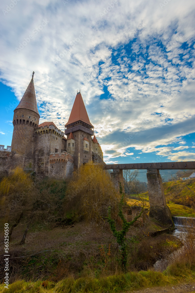 The Corvin or Hunyadi castle (Castelul Corvinilor or Huniazilor) is a Gothic-Renaissance castle with wooden bridge in Transylvania, Romania, one of the largest in Europe. Traveling concept background
