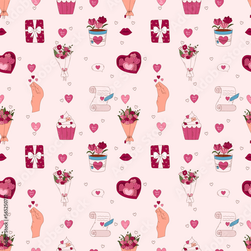 Valentine's Day Hand drawn seamless pattern. Letter, heart, cupcake, mug, puzzle and other elements.