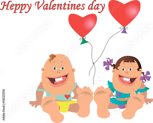 Happy Valentine s Day. Illustration with a boy and a girl with bare feet. Children smile. Heart-shaped balloons fly above them