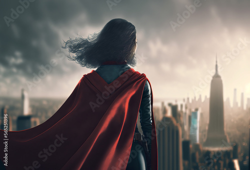 Super hero woman looking out over a city skyline. Generative ai