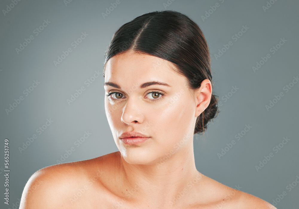 Facial beauty, portrait and woman in studio for skincare, wellness and cosmetics. Young female model, face headshot and aesthetic dermatology, healthy shine and natural glow from body salon results Facial beauty, portrait and woman in studio for skincare, wellness and cosmetics. Young female model, face headshot and aesthetic dermatology, healthy shine and natural glow from body salon results