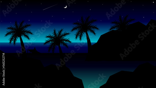 Vector illustration, desktop wallpaper. View of the beach with large boulders and coconut trees at night, illuminated by the blue light emerging from the sea.