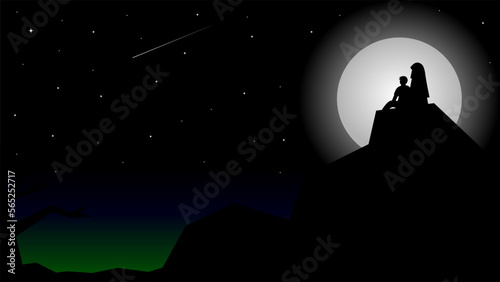 Vector illustration, desktop wallpaper. A couple in love sees a shooting star at night with the moonlight illuminating it.

